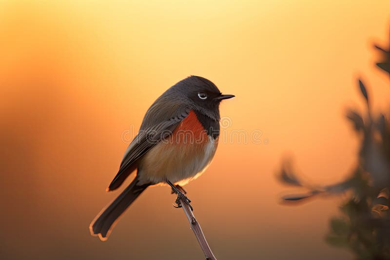 Rotvogel bei Sonnenaufgang mit orangen und rosa Farbtönen dahinter lizenzfreie abbildung