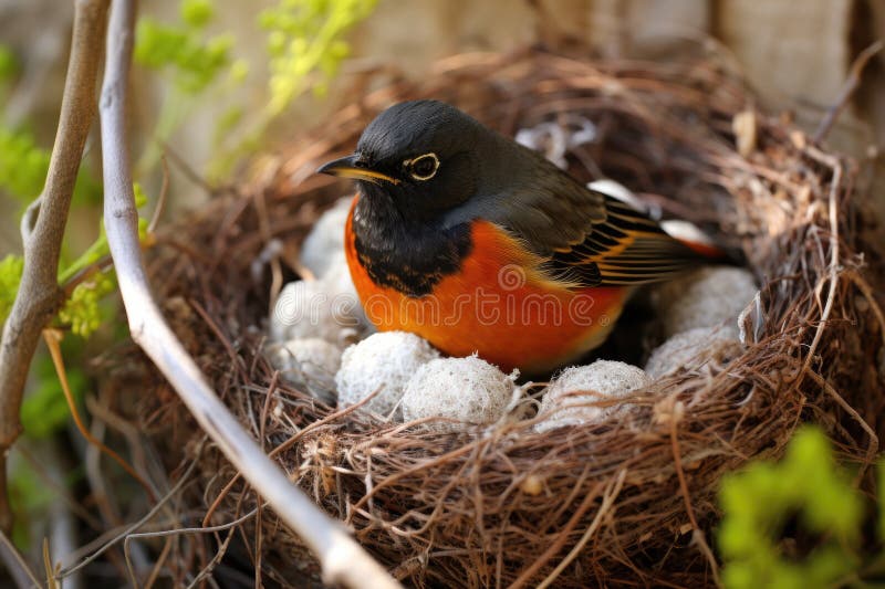 Rotvogel mit Eiern im Nest stock abbildung