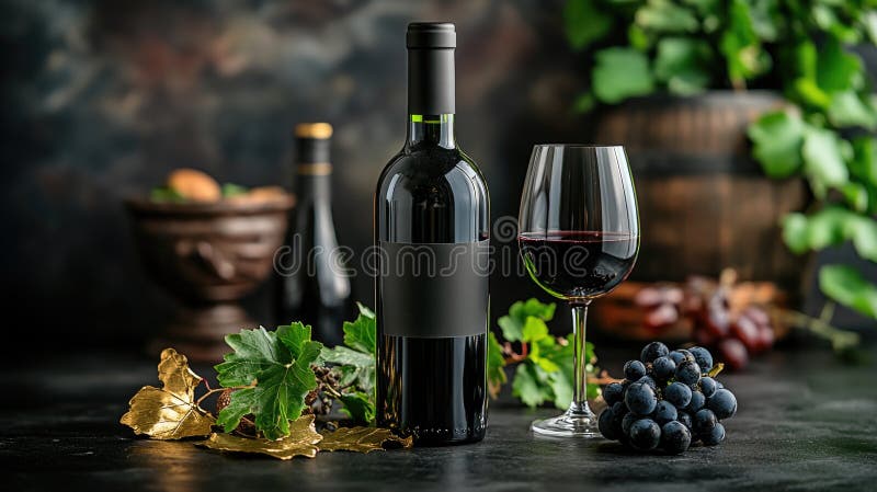 Rotwein und Glas mit Trauben und Blättern auf rustikalem Tisch lizenzfreie stockfotografie