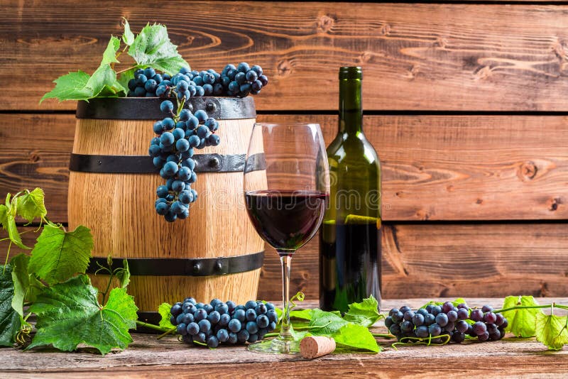 Rotwein und Trauben in einem Fass lizenzfreie stockfotografie Rotwein und Trauben in einem Fass lizenzfreie stockfotografie