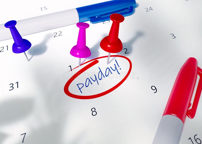 Rouge, rose et goupilles bleues sur le calendrier avec le mot JOUR DE PAIE à rappeler pour le rendez-vous important illustration stock Rouge, rose et goupilles bleues sur le calendrier avec le mot JOUR DE PAIE à rappeler pour le rendez-vous important illustration stock
