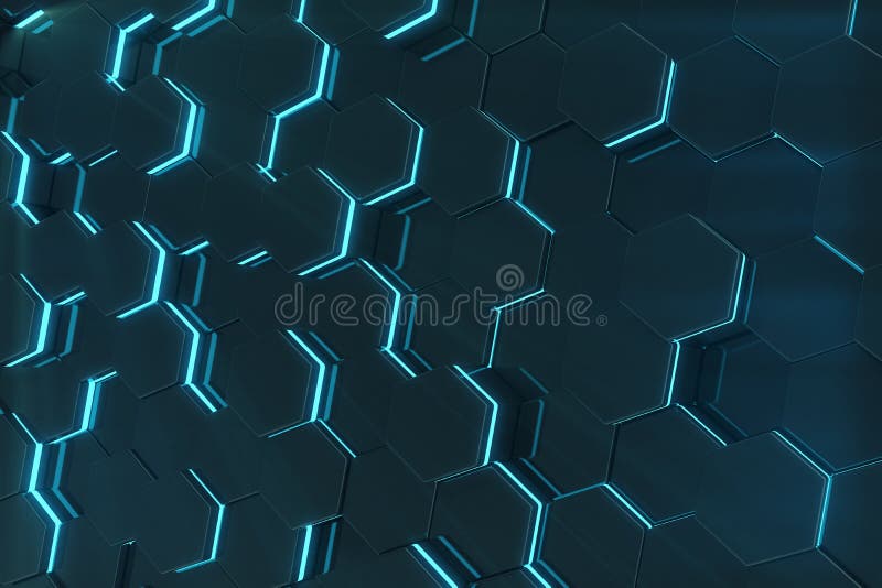 Abstract blue glowing of futuristic surface hexagon pattern, 3D Rendering. Abstract blue glowing of futuristic surface hexagon pattern, 3D Rendering