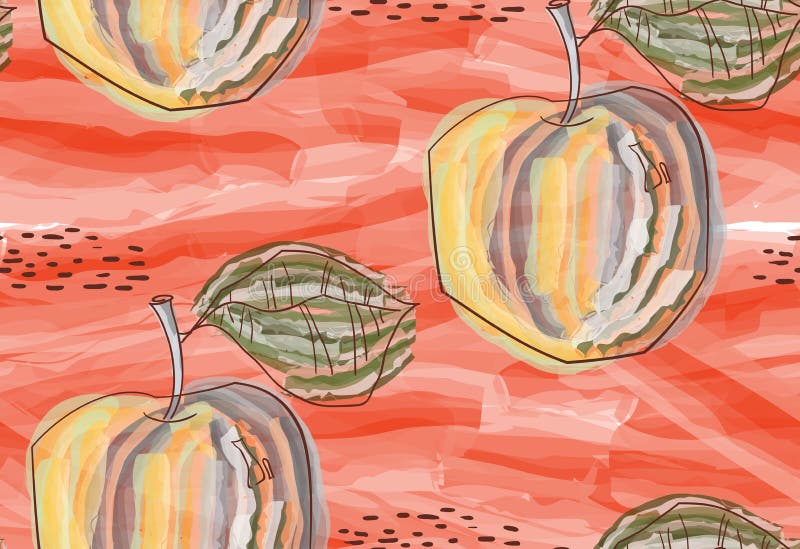 Rough abstract textured apples with leaf on watercolor red