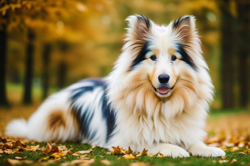 Generative AI art with Rough Collie dog. Portrait of a beautiful Rough Collie dog playing in the park. Generative AI