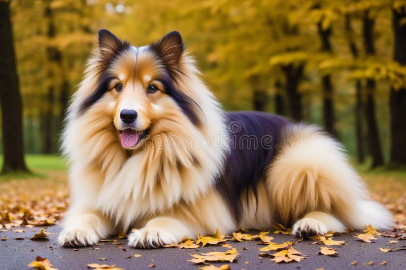 Generative AI art with Rough Collie dog. Portrait of a beautiful Rough Collie dog playing in the park. Generative AI