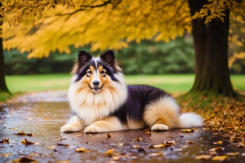 Generative AI art with Rough Collie dog. Portrait of a beautiful Rough Collie dog playing in the park. Generative AI