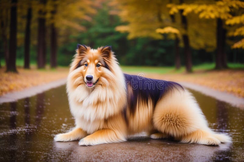 Generative AI art with Rough Collie dog. Portrait of a beautiful Rough Collie dog playing in the park. Generative AI