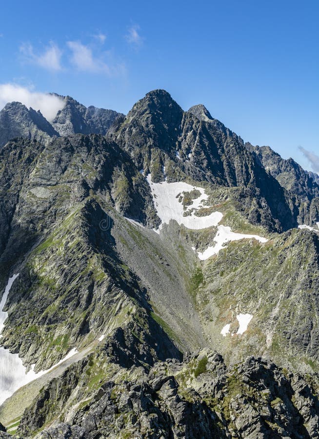 Drsná horská krajina. Pohled na fragment hlavního hřebene Tater. Mezi viditelnými vrcholy mimo jiné Kolowy