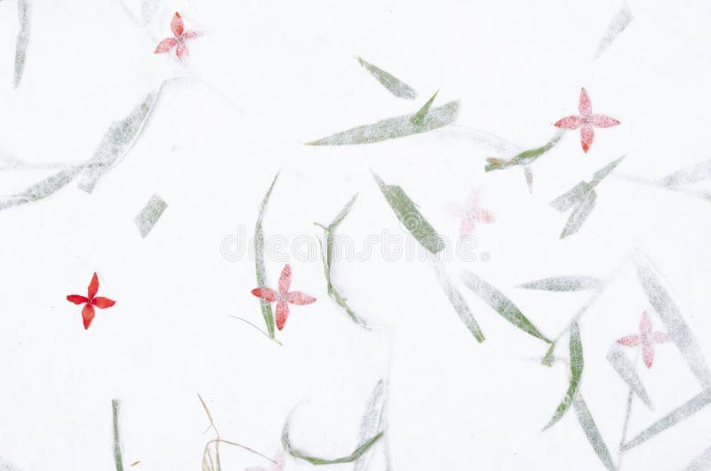 The Rough Mulbery Handmade Paper Texture with Red Flower and Leaves