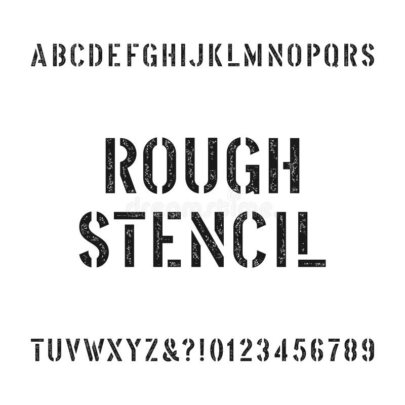 Rough stencil alphabet font. Scratched type letters and numbers. Retro stock vector typography for your design. Stencil font numbers vectors