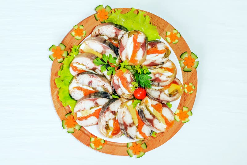 Roulade of Sea Fish Mackerel with Boiled Vegetables and Eggs, Gala Dinner, Stock Image Image