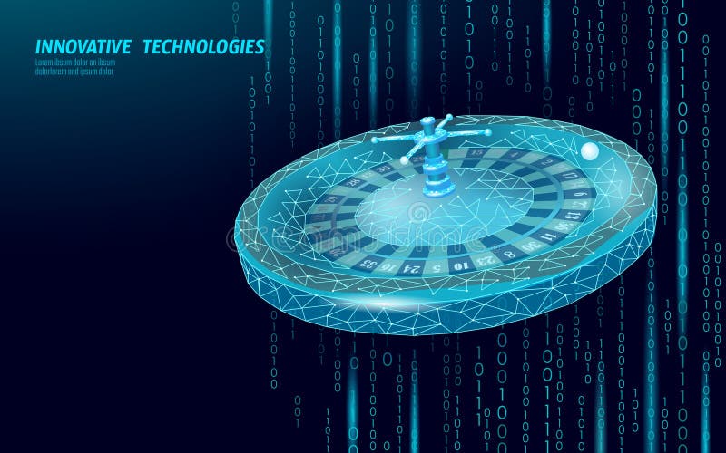 Roulette wheel digital low poly. Binary code background adds modern tech feel. Online gambling fintech investment stock illustration