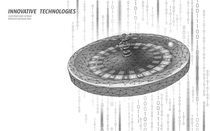 Roulette wheel digital low poly. Binary code background adds modern tech feel. Online gambling fintech investment vector illustration