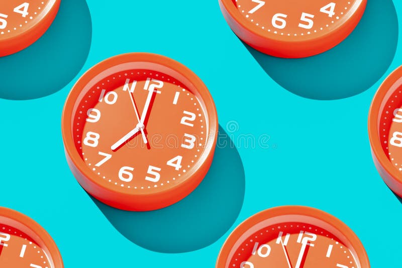 Round analog clock on a blue background showing seven o`clock. High angle view royalty free stock photo