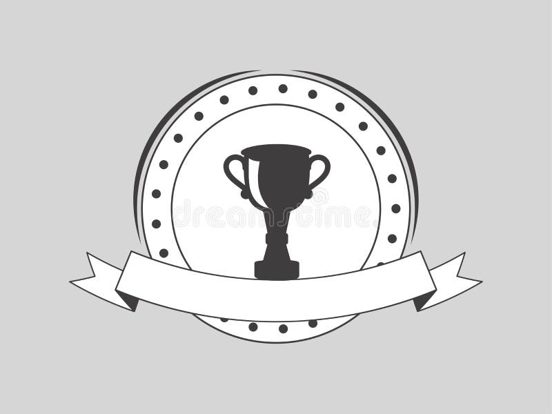 Round Badge or Label with Trophy, Blank Ribbon on Gray Stock