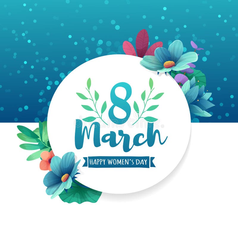 Round banner with the logo for the International Women`s Day on pink background. Flyer for March 8 with the decor o vector illustration Round banner with the logo for the International Women`s Day on pink background. Flyer for March 8 with the decor o vector illustration