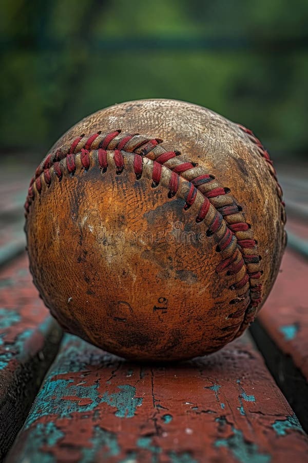 A round baseball is resting peacefully on the grass in a large field stock photo