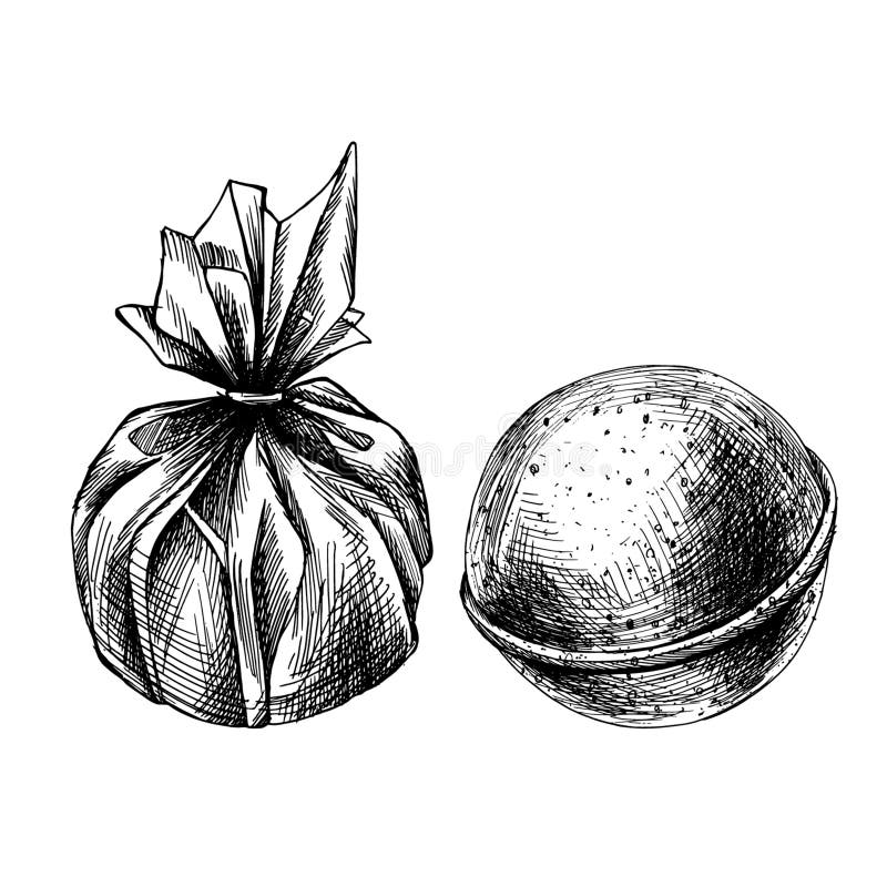 Round Bath Bombs Wrapped in a Package. EPS Hand Drawn Black and White ...