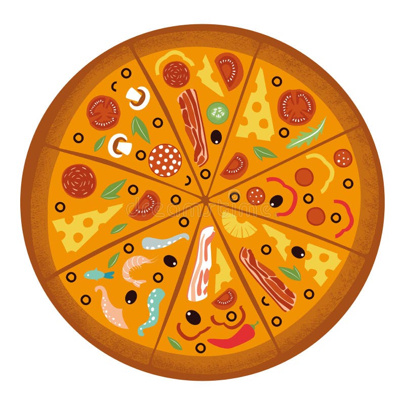 Round big mix pizza, slices triangle, italian restaurant menu, snack food ingredients for pizza. Pizza with all the