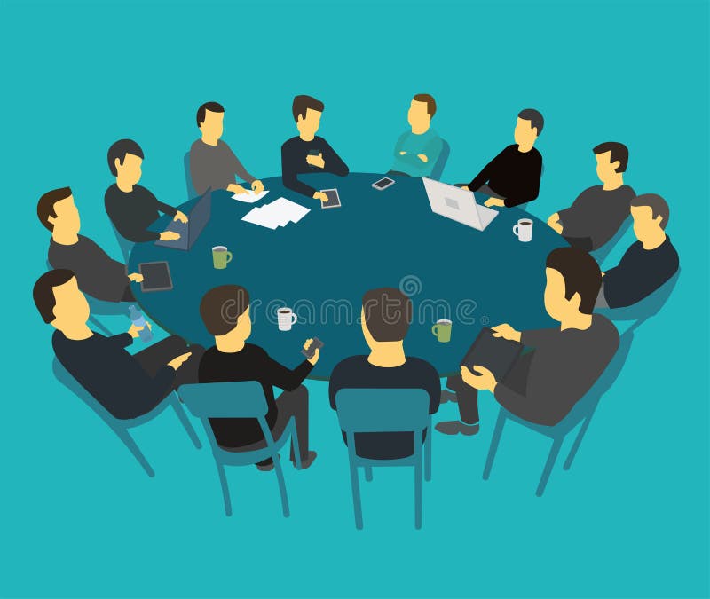 Round big table talks brainstorm. Team business people meeting conference many people. Blue background stock