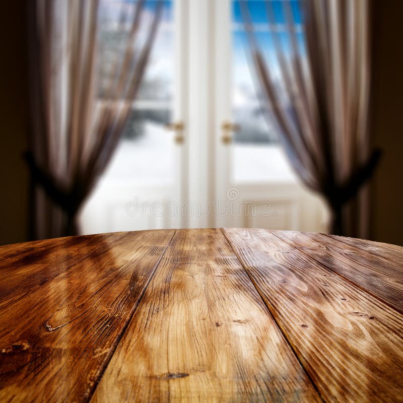 Round Brown Wooden Table Top with Empty Space for Products and Decorations.  Blurred Window Background Stock Image - Image of color, dinner: 160808331