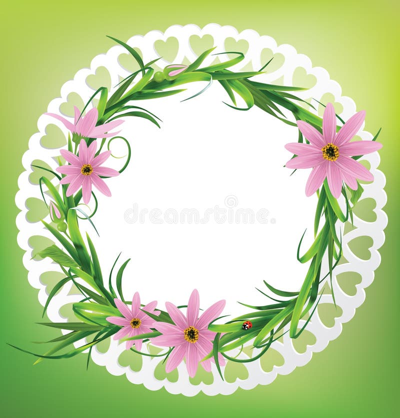 Round card with flowers, grass and ladybug. vector illustration