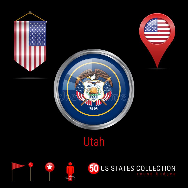 Round Chrome Vector Badge with Utah US State Flag. Pennant Flag of USA. Map Pointer - USA. Map Navigation Icons. Round Silver Badge with Utah US State Flag. Glossy Button Flag of Utah. Round Icon of Utah with Metal Frame. Map Navigation Elements. Vector Art.