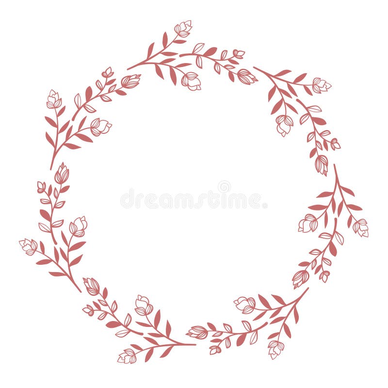 Round circle floral branch border with leaves and flowers hand drawn for design element on white, stock vector illustration