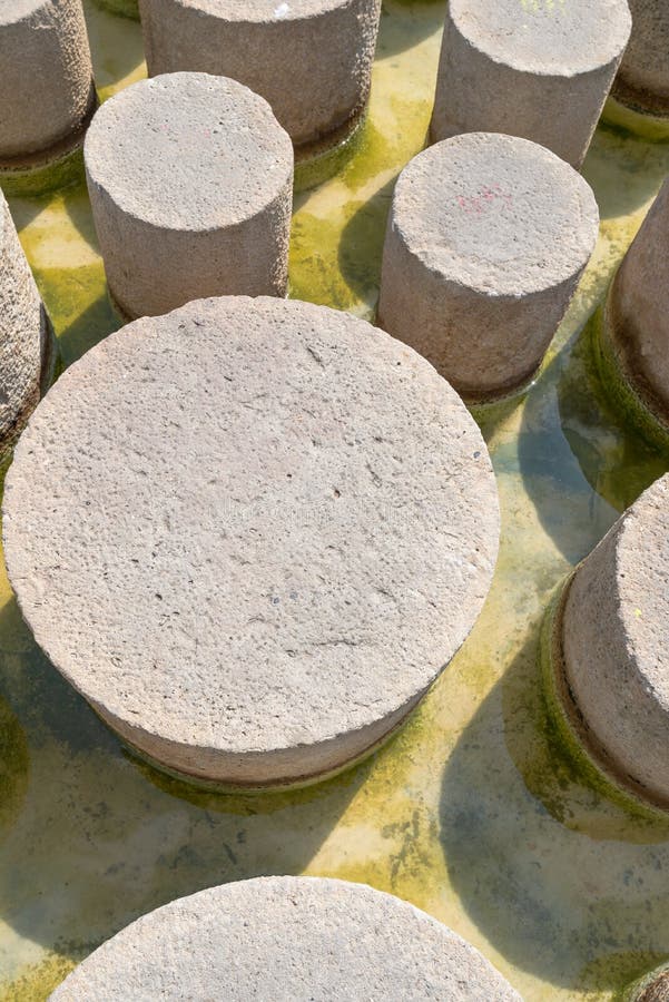 Round Concrete Pillars on the Beach in the Water Stock Image Image of
