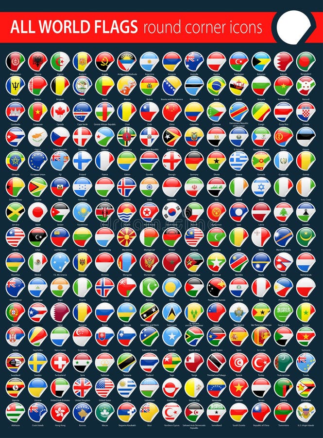 Round Corner Flags - All World Vector on Dark Background stock illustration