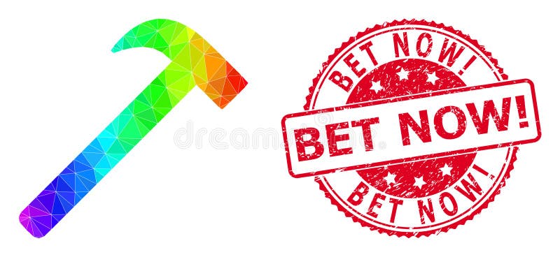 Round Distress Bet Now! Stamp Seal with Vector Polygonal Hammer Tool Icon with Rainbow Gradient stock illustration