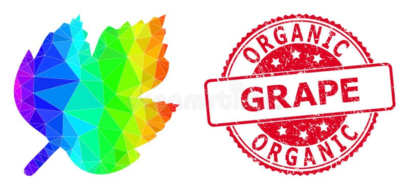 Round Distress Organic Grape Stamp Seal with Vector Polygonal Grape Leaf Icon with Rainbow Gradient vector illustration