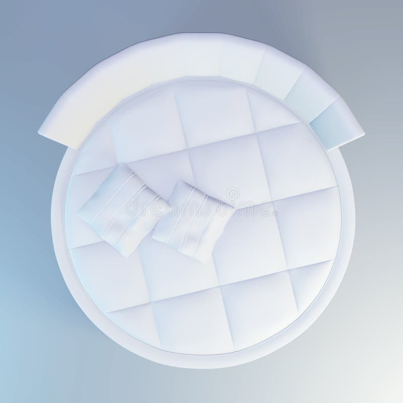 Round Elegant Bed With Soft White Pillows, Front View. 3d Rendering