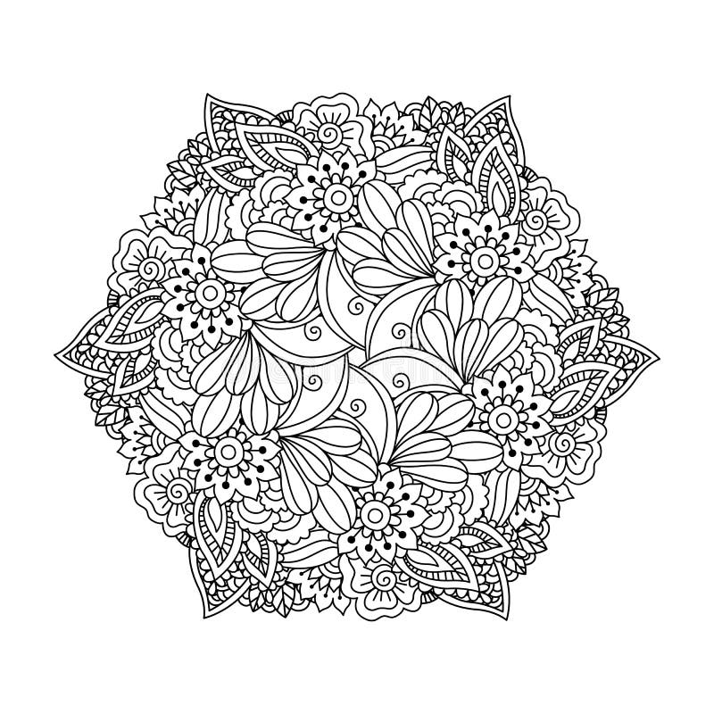 Outline round floral pattern for coloring the book page