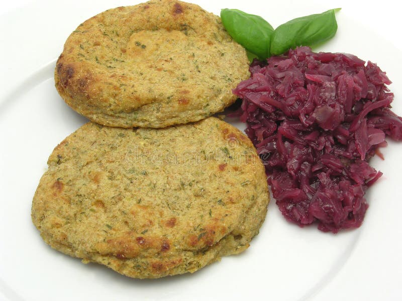Round Flat Potato Dough Cakes with Red Cabbage Stock Photo Image of food, herbs 9547342