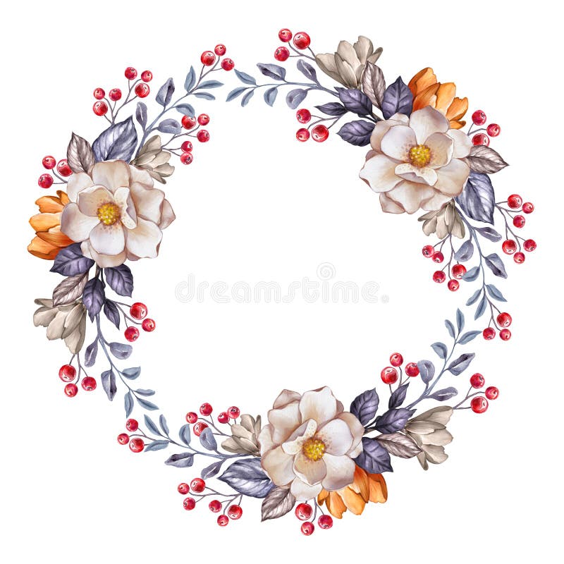 Round floral wreath, autumn botanical frame, blank banner, watercolor illustration, fall flowers, clip art isolated on white