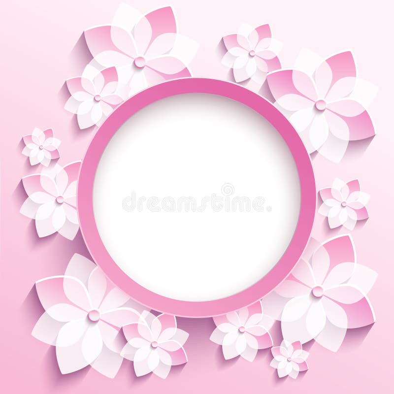 Round frame with 3d pink sakura, greeting card vector illustration Round frame with 3d pink sakura, greeting card vector illustration