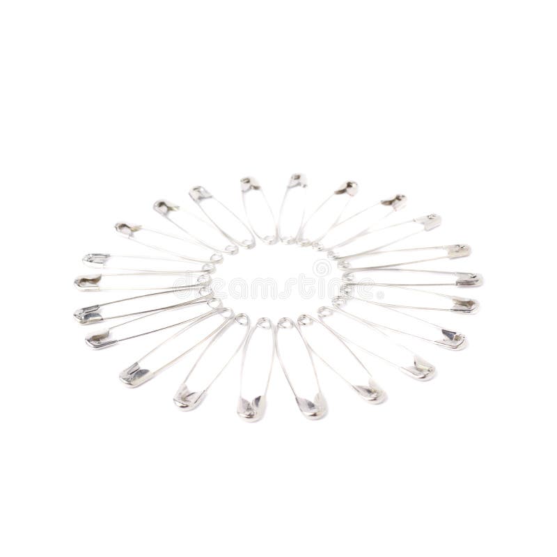 Round Frame Made of Safety Pins Isolated on White Stock Photo Image