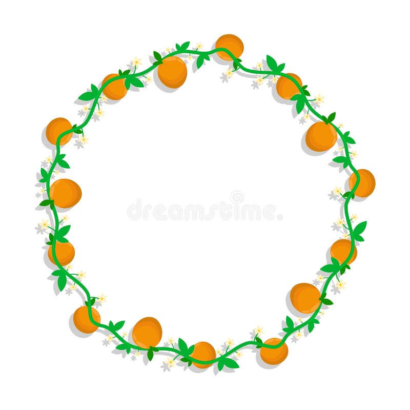 Round Frame with Mandarin Fruit and Blossoming Orange Branches. Weave