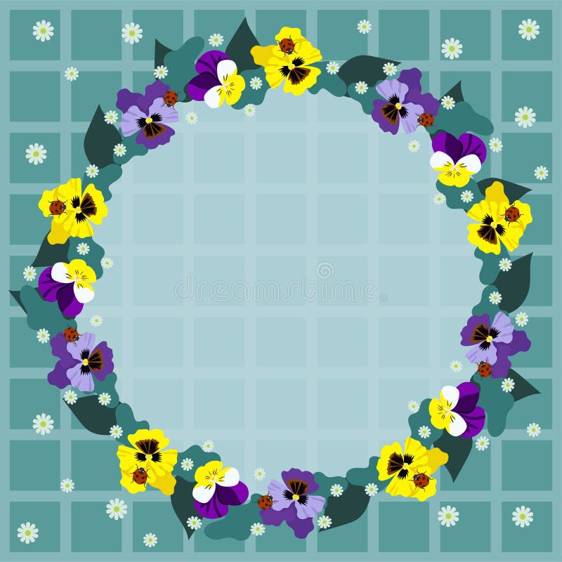 Round frame of pansies on a checkered background. Vector graphics stock illustration Round frame of pansies on a checkered background. Vector graphics stock illustration