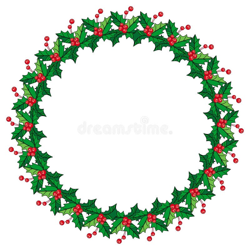Round frame in shape of wreath with holly berry. Copy space. Christmas decoration. Raster clip art.