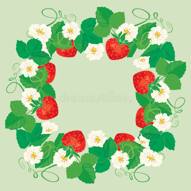 Round frame with Strawberries, flowers and leaves