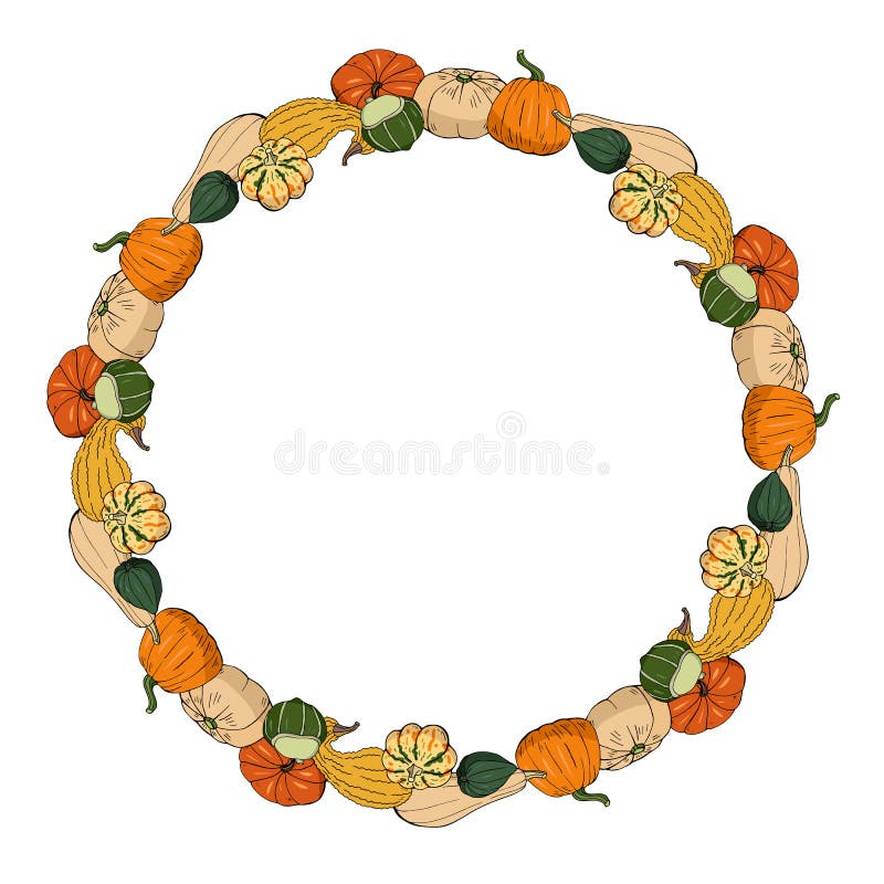 Round frame with various hand drawn squashes. Autumn wreath with different pumpkins for your design vector illustration Round frame with various hand drawn squashes. Autumn wreath with different pumpkins for your design vector illustration