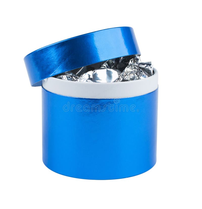 Round Gift Box with the Lid Removed, Filled with Candy. Blue Pearl