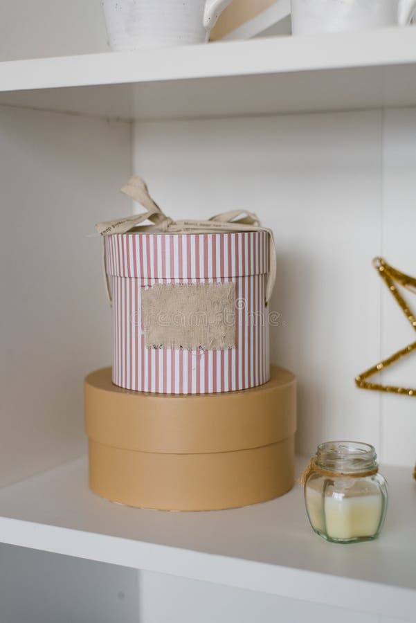 Round Gift Boxes on the Shelf Stock Image Image of paper, round