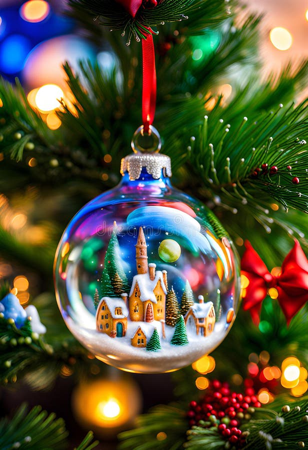 Round Christmas Ornament Hanging on a Tree with a Magical Winter Scene ...