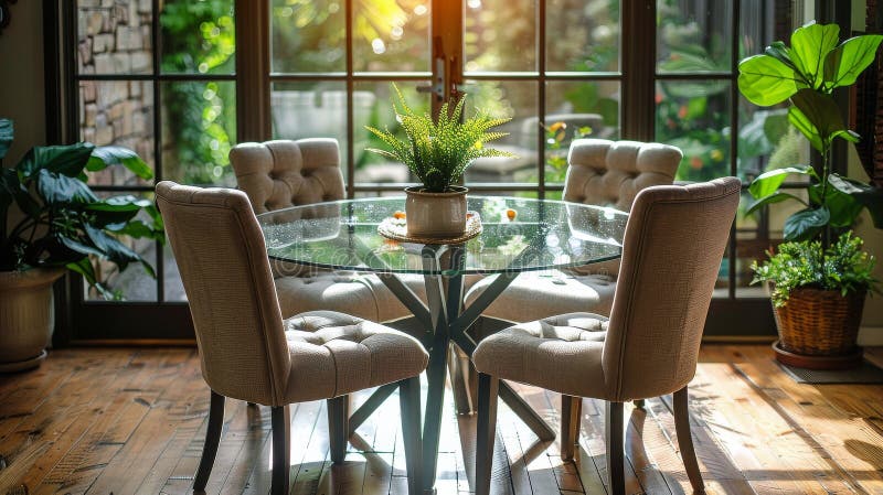 Round Glass Dining Room Table with Beige Chairs Stock Photo - Image of ...
