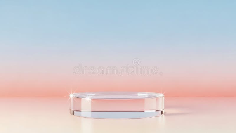 A minimalist, round display stand made of clear glass sits on a smooth, light-colored surface. The background is a soft gradient of pastel pink and blue. The edges of the glass stand catch the light, creating bright, sparkling highlights, suggesting a clean and elegant presentation. Elegant round display stand illustrations