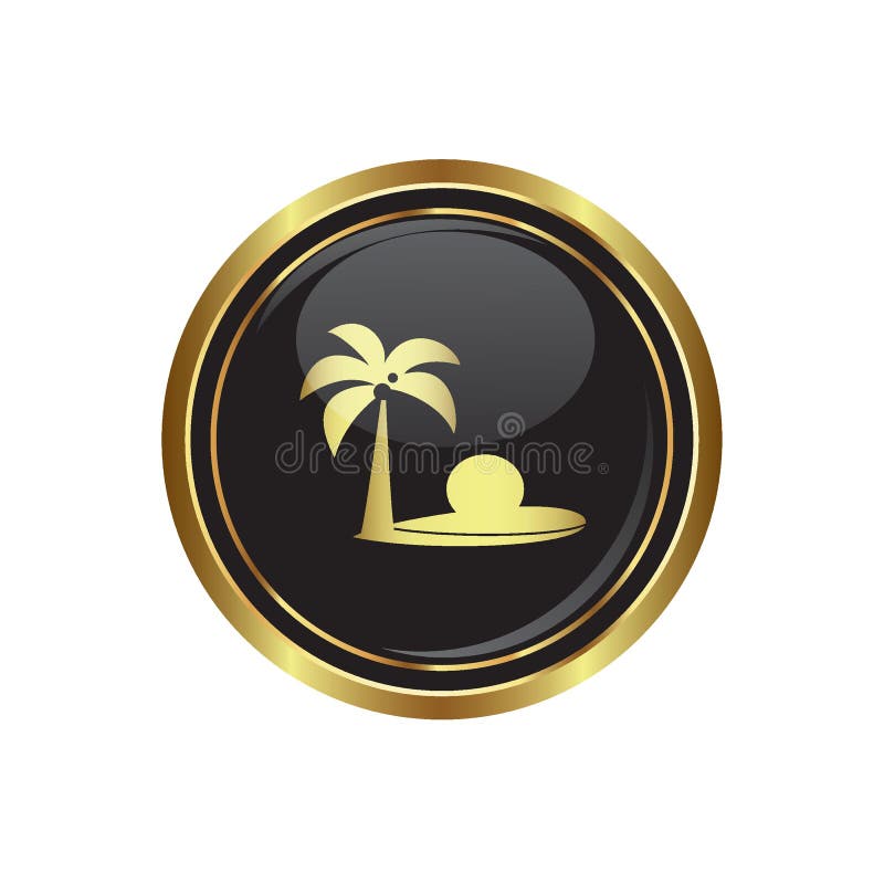 Round golden button with tropical beach and palm tree icon vector illustration