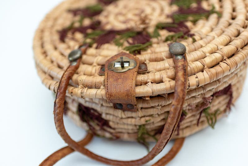 Round Handmade Woven Basket with Leather Handles Stock Photo Image of